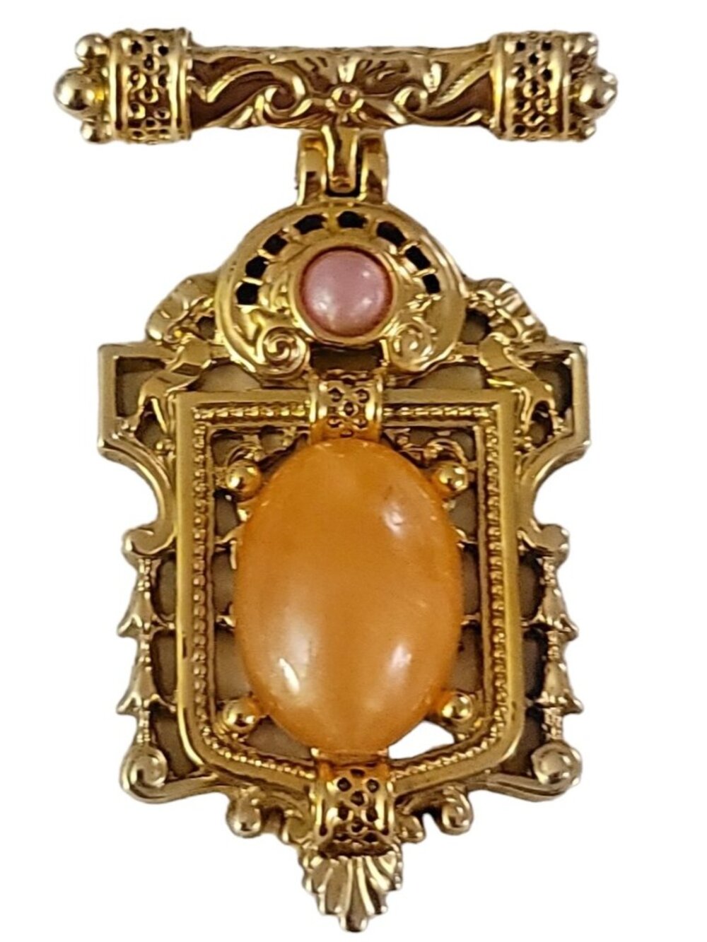 1928 Brand Gold Tone Orange Pink Lucite Cab Shield Style Hinged Bar Brooch K529